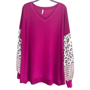 Celeste V Neck Long Sleeve Top Leopard Print Striped Sleeve Detail